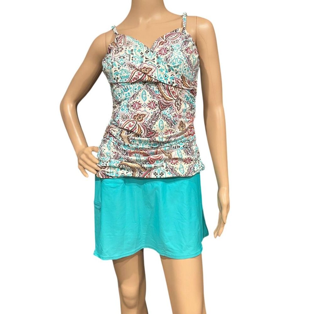 SUNSETS Tankini Swim Suit Top (L) & Skort Bottom (M) Turquoise Paisley Pattern
